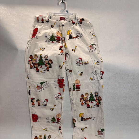 Peanuts Holiday-Themed Pajama Set Button-Up Shirt Pants White Cotton Medium Flan - Picture 6 of 16